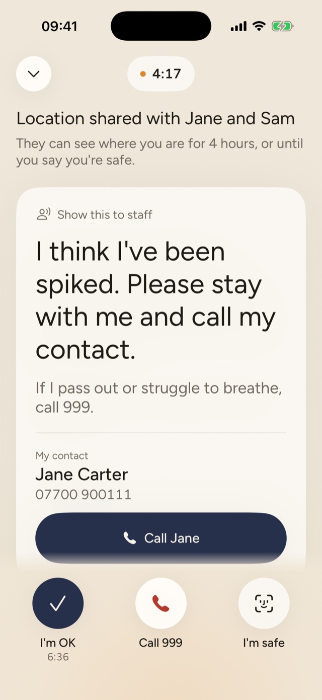 A card to show staff: I think I've been spiked. Please stay with me and call my contact.
