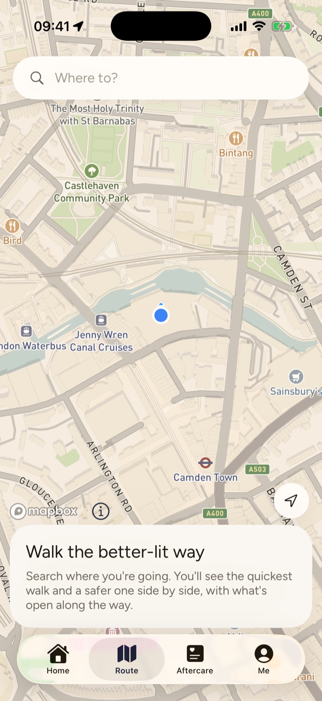 The Route tab: a map of Camden with Walk the better-lit way.